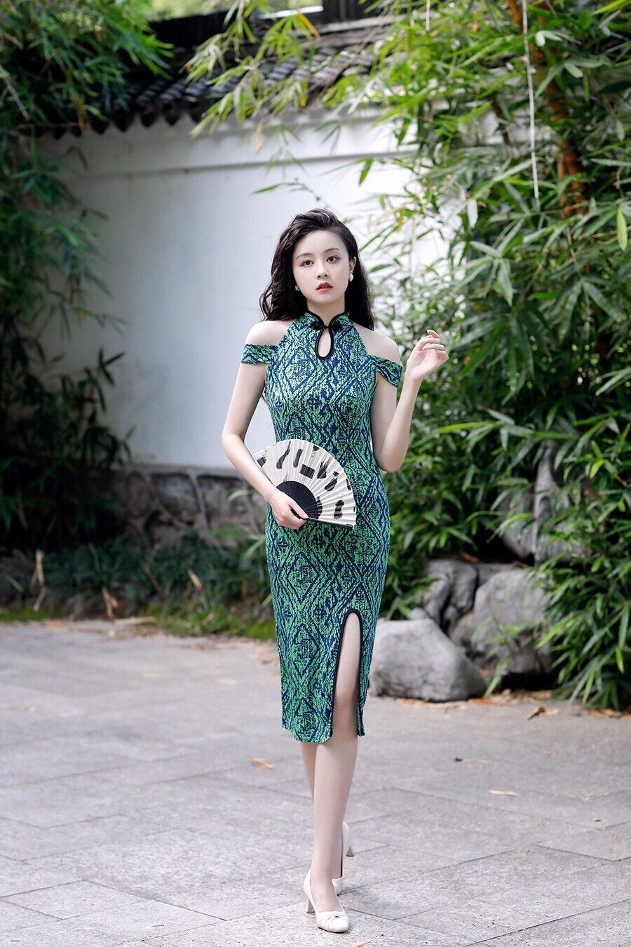 Ladies Chinese Elegant Green and Blue Contrast Short Dress Cheongsam Qipao