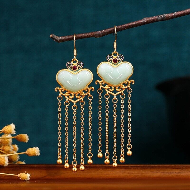 Chinese Romantic Heart-Shaped Mint Jade and Gold Chain Tassel Earrings