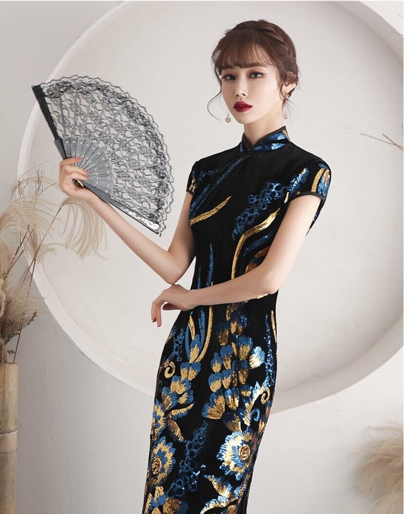 New Luxurious Black Royal Floral Chinese Sequin Long Dress Cheongsam Qipao