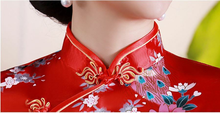 Luxurious China Red Satin Phoenix Chinese Short Dress Cheongsam Qipao lcdress80