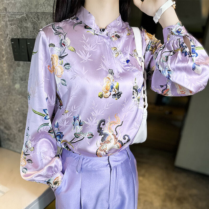 New Modern Chinese Fashion Ladies Purple with Floral Prints Satin Shirt Blouse