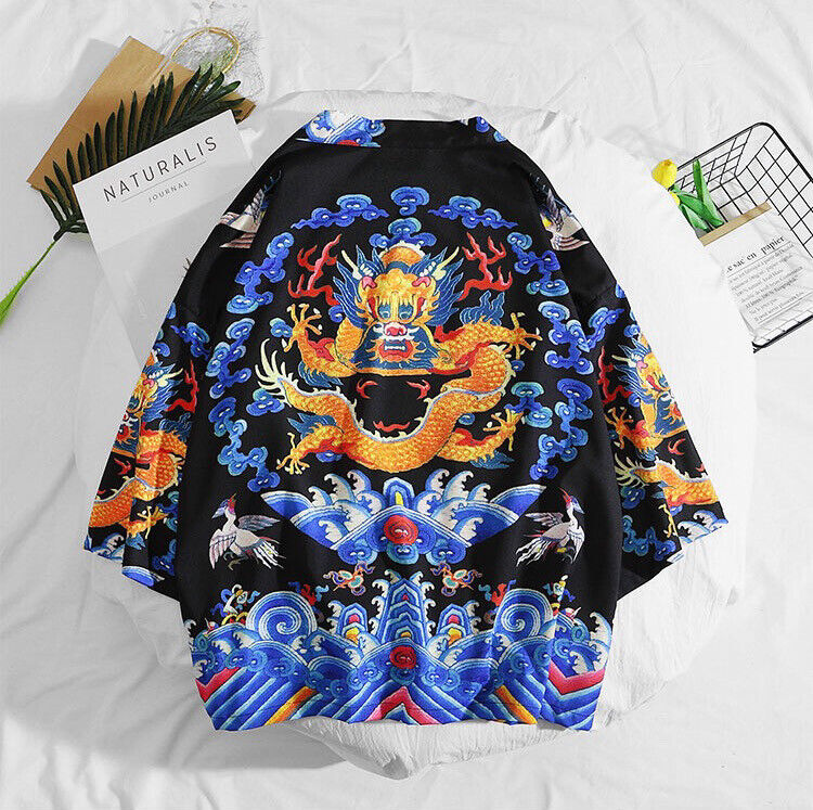 Womens Ladies Chinese Japanese Oriental Kimono Royal Dragon Black Top ltop19