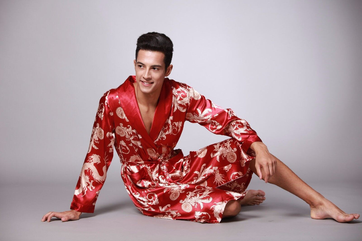 Mens Chinese Japanese Oriental Gold Dragons Red Bathrobe Dressing Gown mrobe8