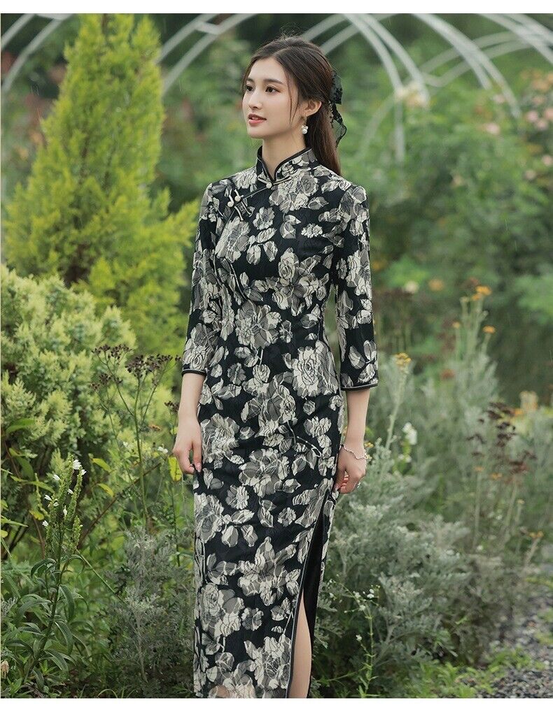 Luxurious Chinese Black Lace Floral Long Dress Cheongsam Qipao lcdress212