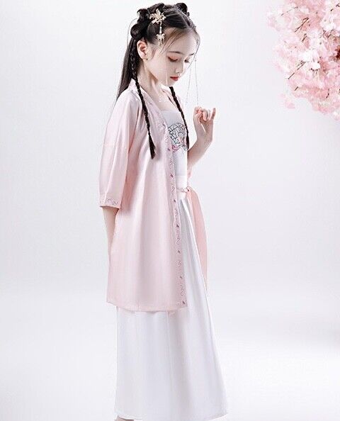 Chinese Childrens Girls Cherry Blossom Floral and Fan Prints Pink Handfu Dress