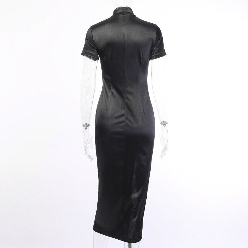 Luxurious Chinese Black Satin Long Dragon Cheongsam Qipao Dress lcdress155