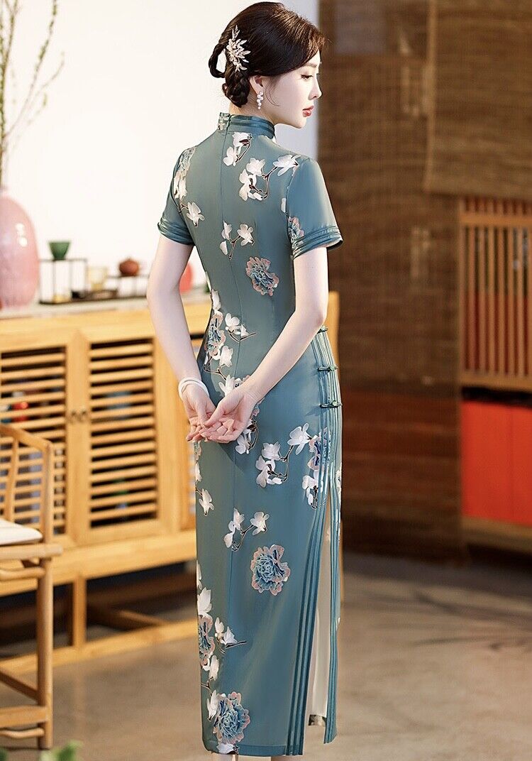 Ladies Green Silk White Floral Prints Long Chinese Style Qipao Cheongsam Dress