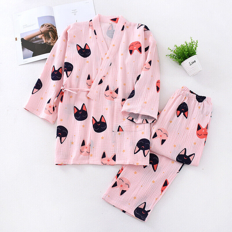 Chinese Japanese Cute Cats and Stars Pink Long Ladies Kimono Pyjamas ladpj313