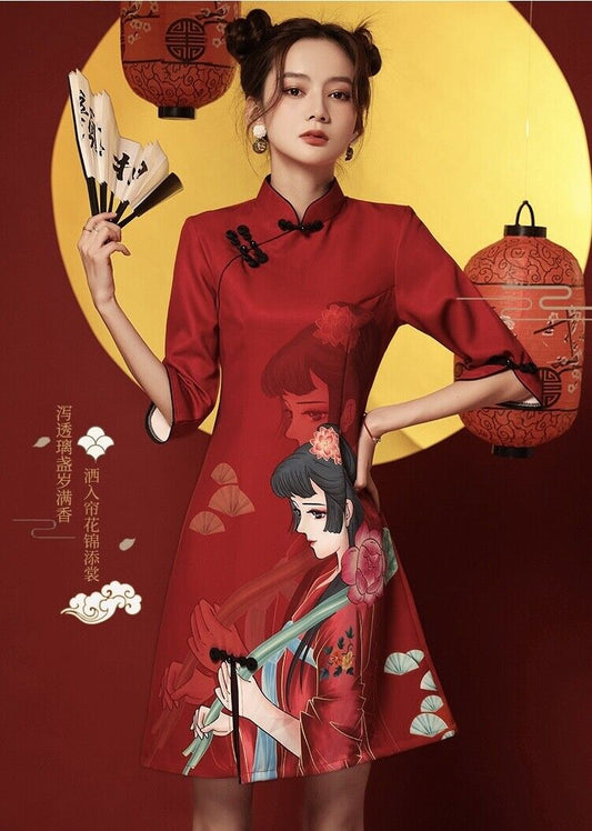 New Chinese China Red Wuxia Girl Print Knee Length Short Cheongsam Qipao Dress