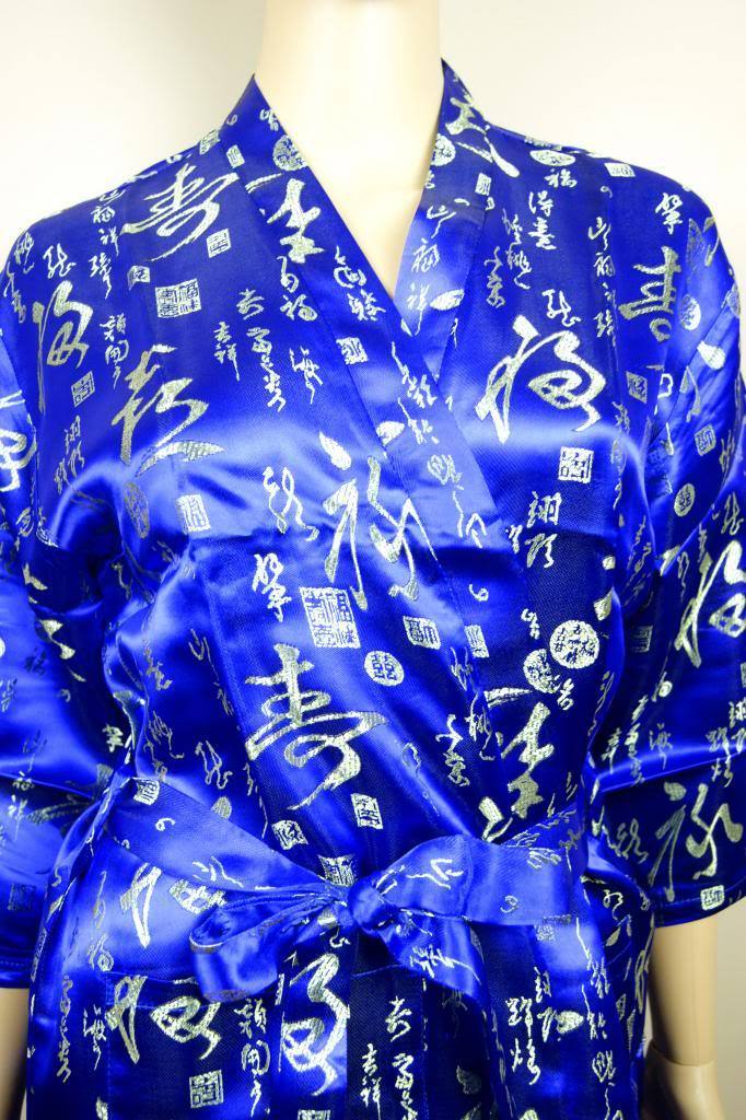 Gougeous Womens Ladies Chinese Japanese Oriental Kimono Blue Dressing Gown Robe