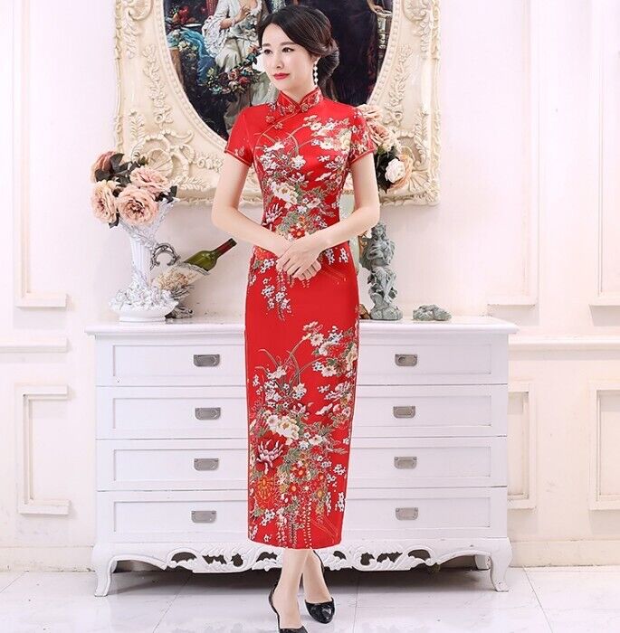 New Luxurious Red Satin Floral Chinese Long Dress Cheongsam Qipao lcdress197