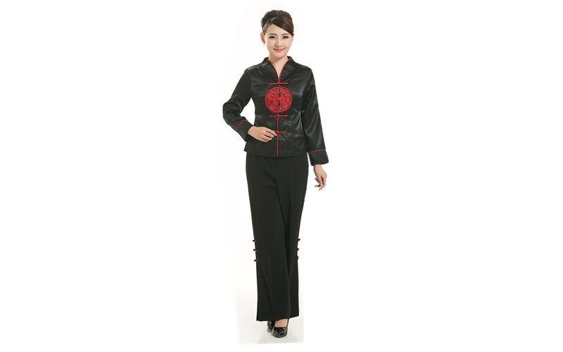 Traditional Chinese Oriental Black Satin Red Lucky Pattern Top Cheongsam lctop2