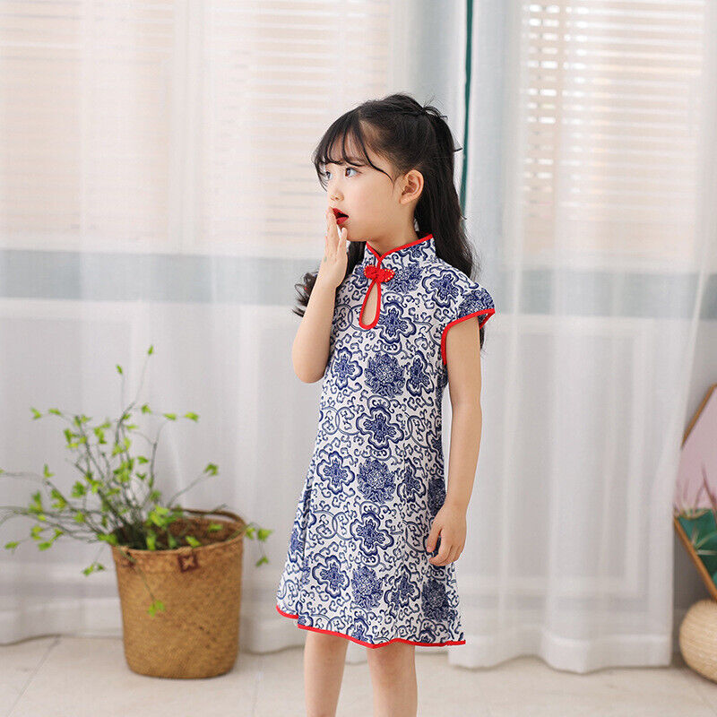 Chinese Childrens Girls Blue Vintage Porcelain Print Qipao Cheongsam Dress gcd15