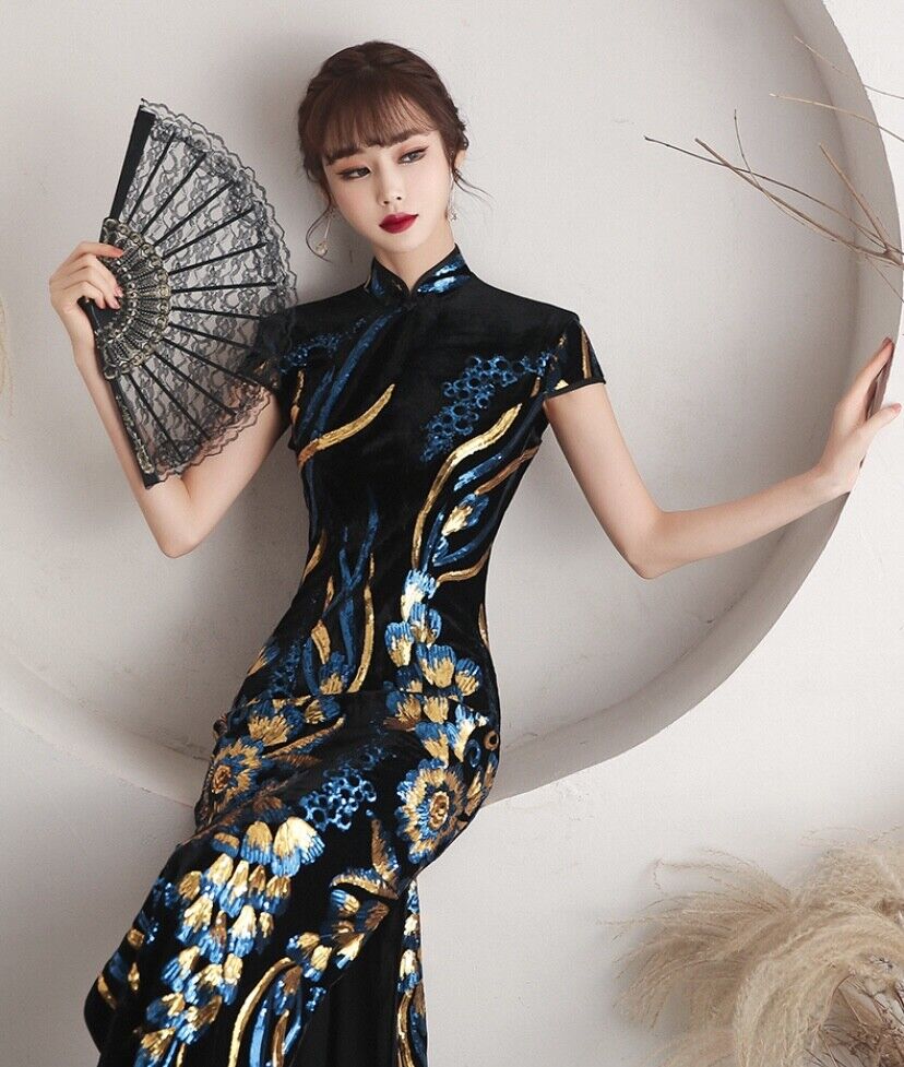 New Luxurious Black Royal Floral Chinese Sequin Long Dress Cheongsam Qipao