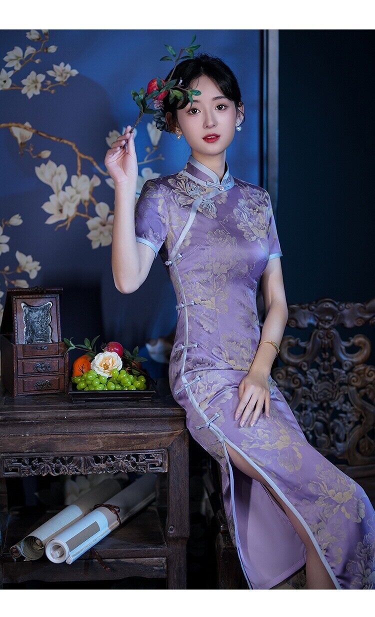 Acetate Satin Violet Jacquard Chinese Style Qipao Elegant Flying Flower Buckle