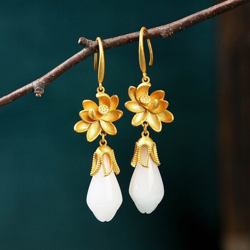 Chinese Hanfu Qipao Accessories Gold Plated Hetian Jade Lotus Flower Earrings