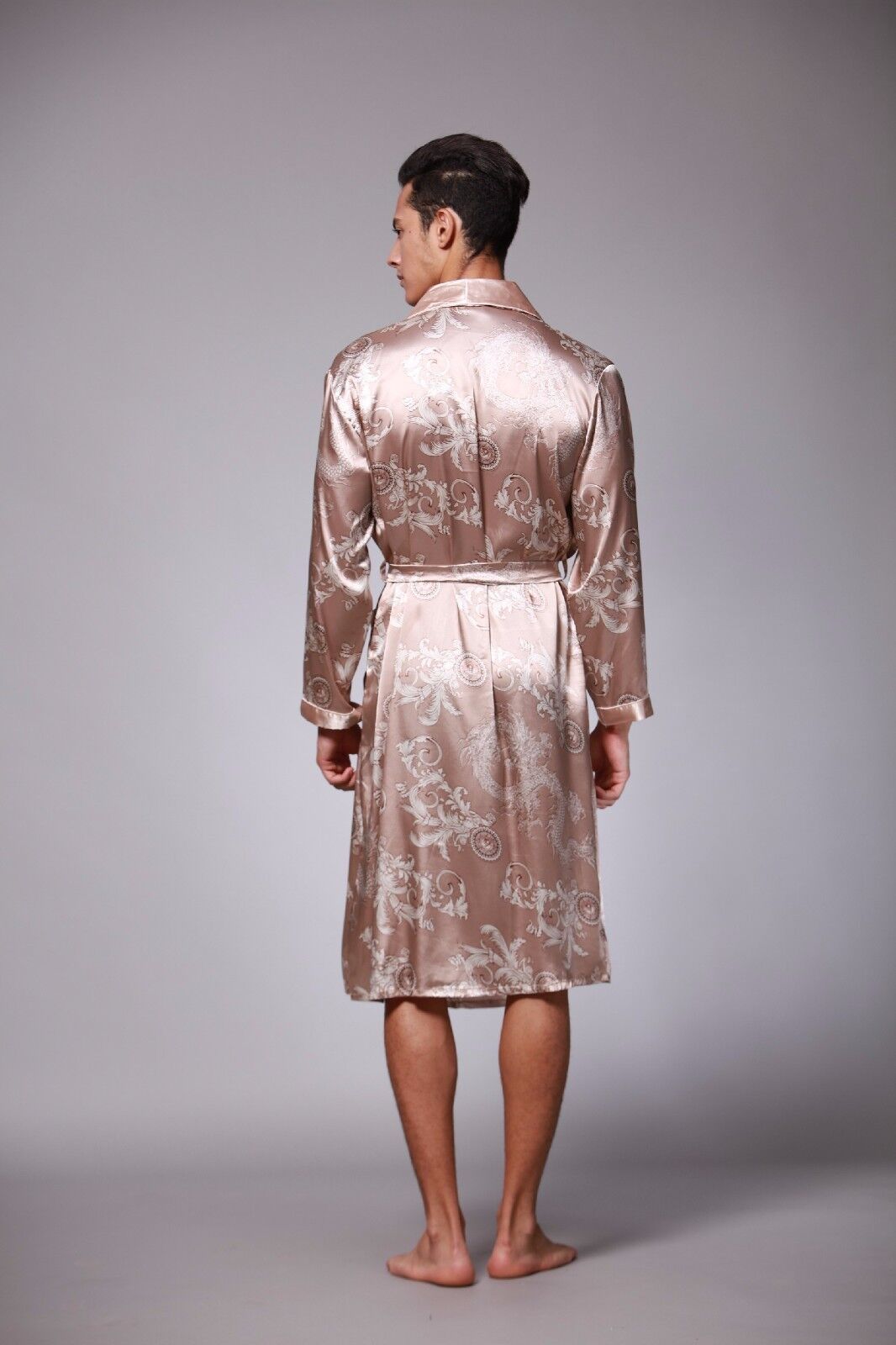 New Mens Chinese Japanese Champagne Gold Dragons Bathrobe Dressing Gown mrobe9 T