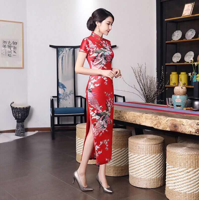 New Luxurious Red Satin Phoenix Chinese Long Dress Cheongsam Qipao lcdress50