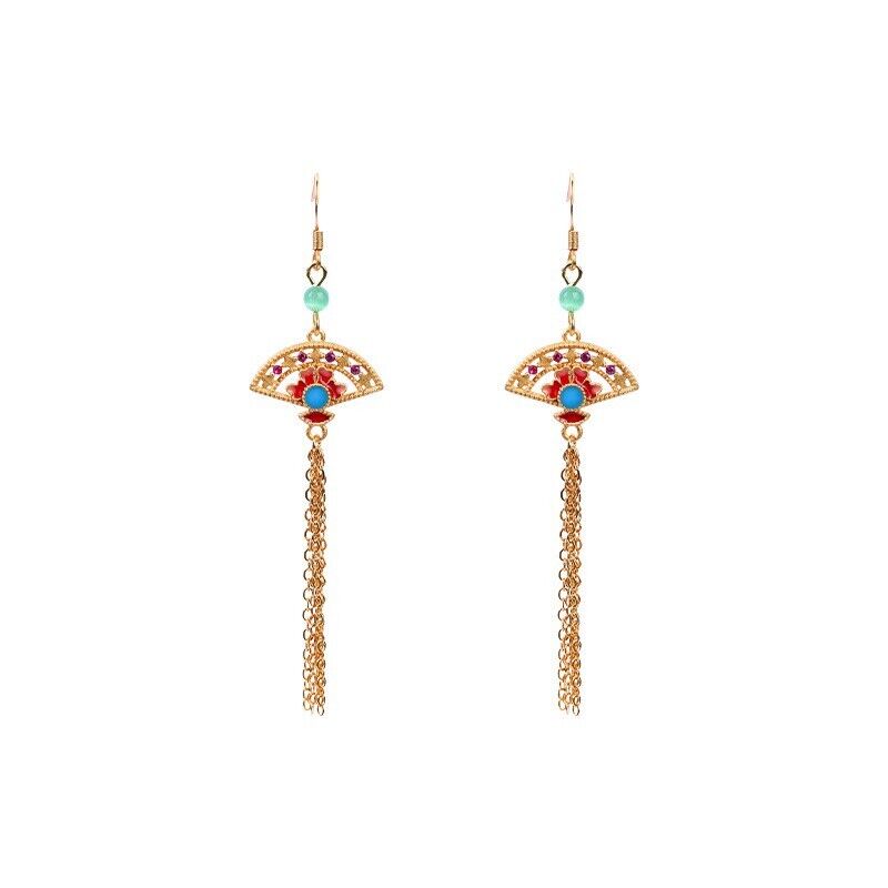 New Chinese Regal Fan-Shaped Tassel Earrings with Turquoise and Coral Beads