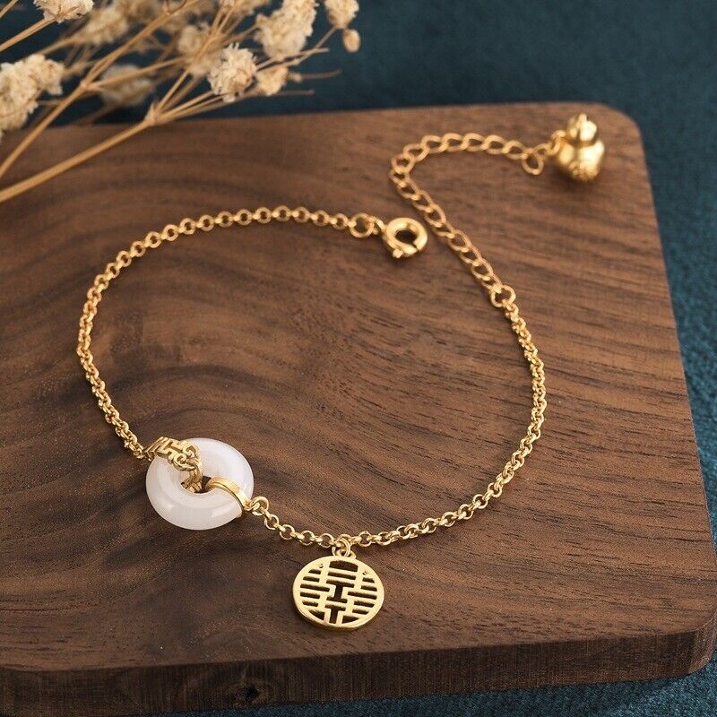 Ladies Chinese White Jade with Symbol of Double Happiness Gold Plated Bracelet