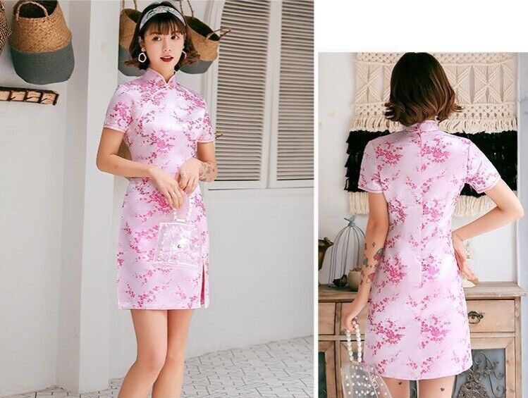 New Luxurious Satin Chinese Pink Floral Short Dress Cheongsam Qipao lcdress173