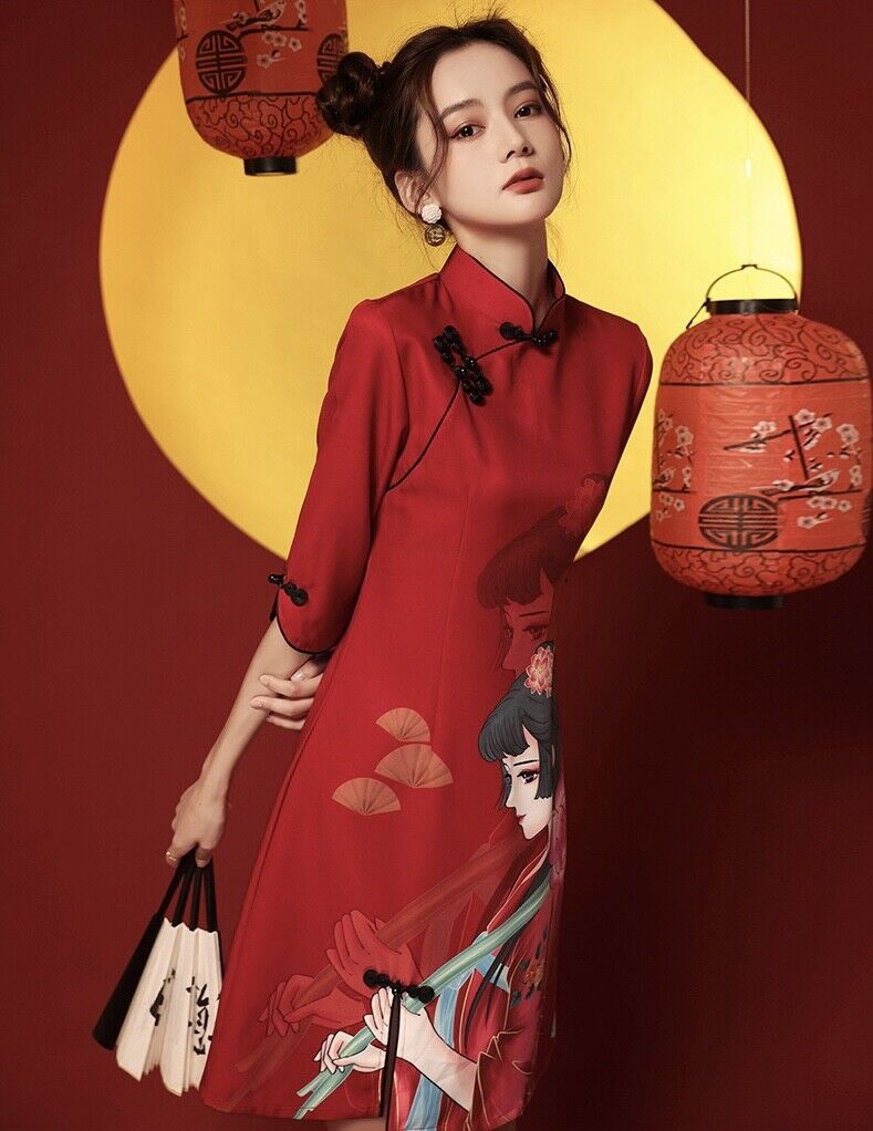 New Chinese China Red Wuxia Girl Print Knee Length Short Cheongsam Qipao Dress