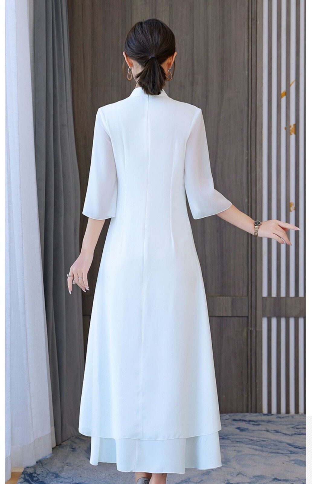 New Ao Dai Style Chinese Scenery Prints White Chiffon Long Cheongsam Qipao Dress