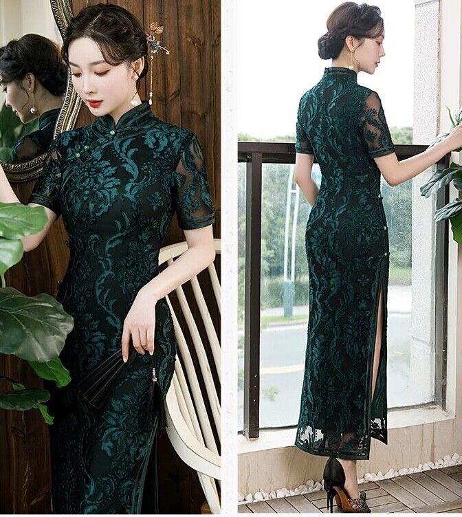 Luxurious Chinese Emerald Green Lace Long Dress Cheongsam Qipao