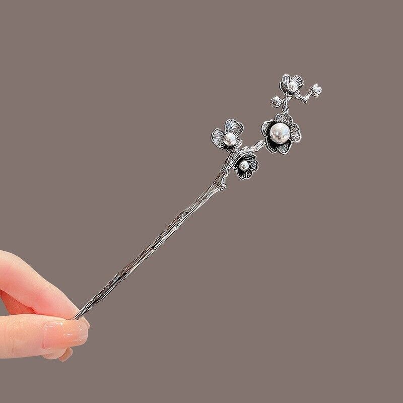 New Chinese Vintage Floral Hairpin with Pearl Accents in Antique Silver Finish