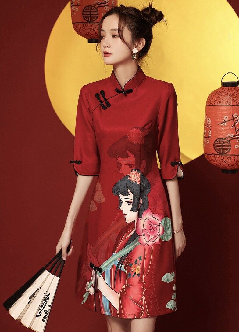 New Chinese China Red Wuxia Girl Print Knee Length Short Cheongsam Qipao Dress