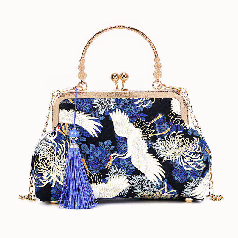 Ladies Chinese Heaven Cranes Royal Charms Evening Clasp Bamboo Shoulder Handbag