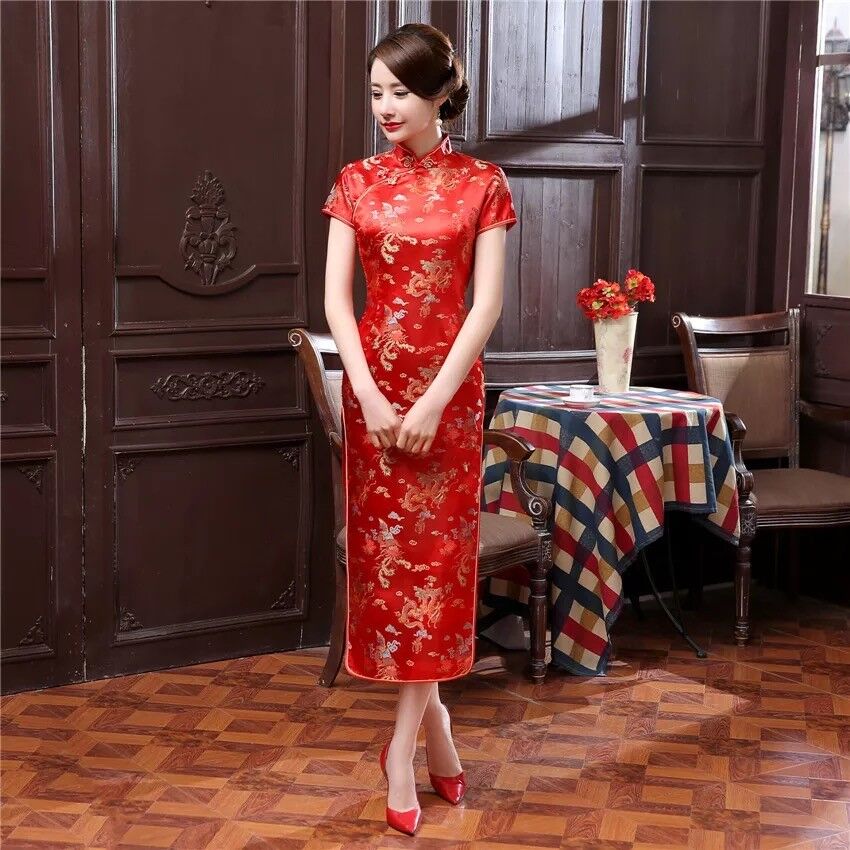 Luxurious Red Satin Dragon Phoenix Chinese Long Dress Cheongsam Qipao lcdress54