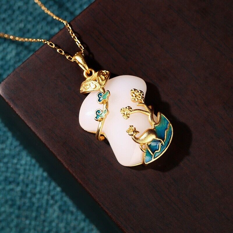 Chinese Qipao Shaped Jade Gold-Plated Pendant Deer & Tree Blue Enamel Decor