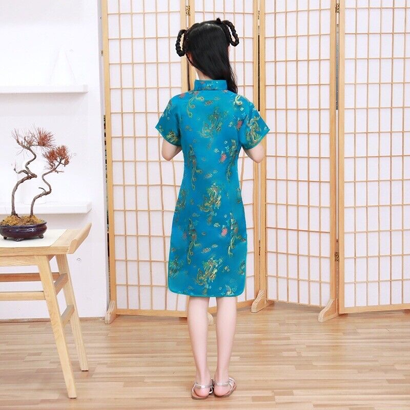 Chinese Japanese Asian Childrens Blue Girls Gold Dragons Qipao Cheongsam Dress