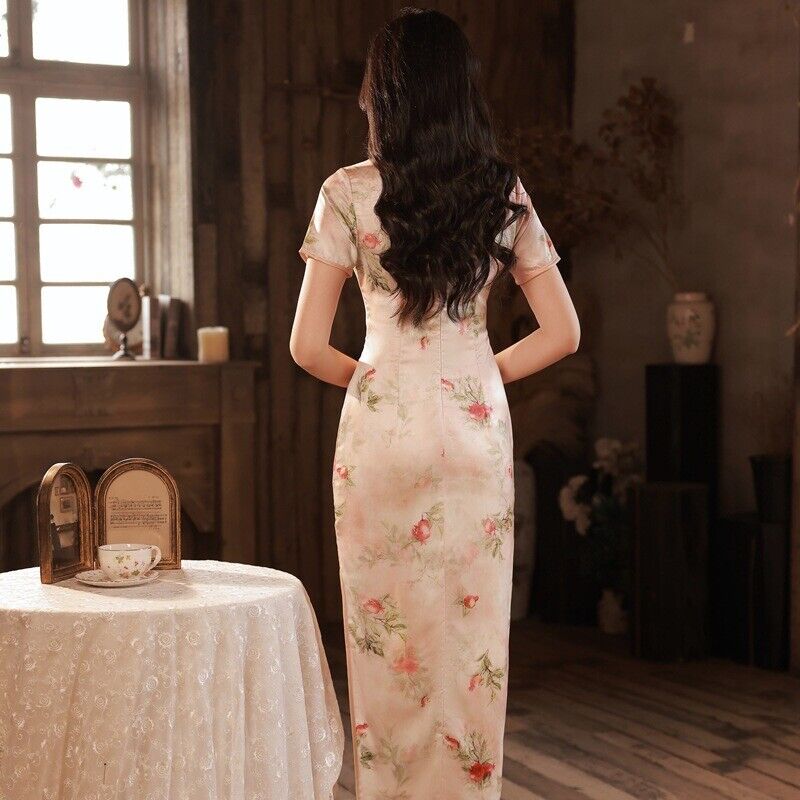 New Luxurious Chinese Satin Light Pink Red Floral Long Cheongsam Qipao Dress