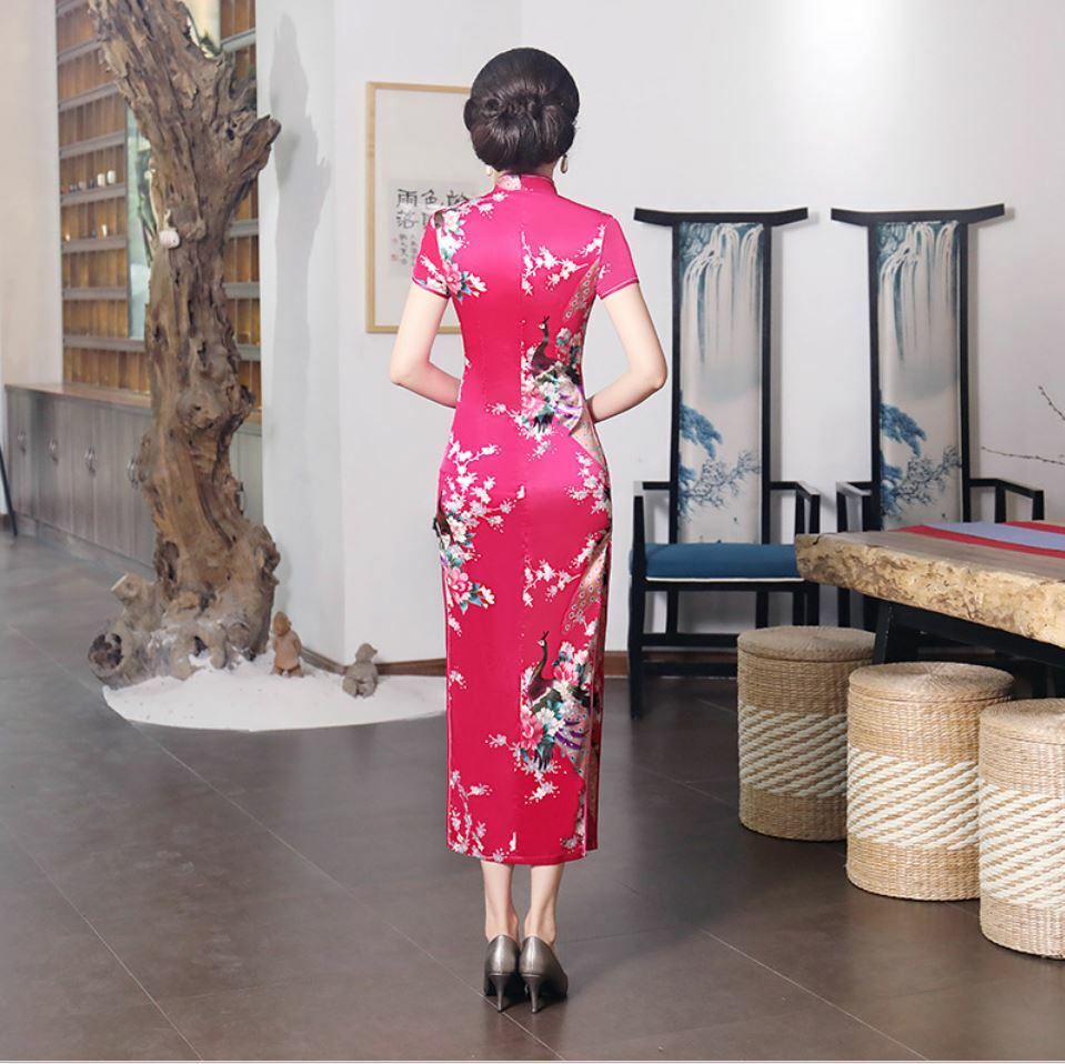 New Luxurious Pink Satin Phoenix Chinese Long Dress Cheongsam Qipao lcdress70