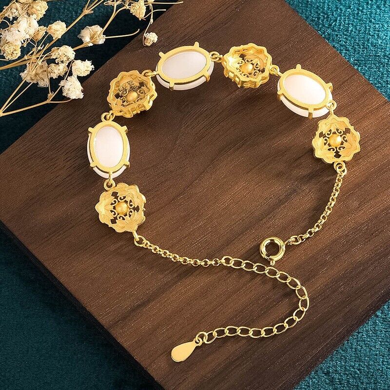 New Ladies Chinese Oval White Jade Floral Enamel Gold Plated Chain Bracelet