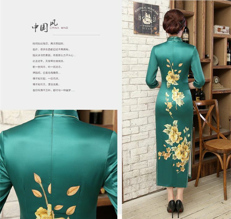 New Luxurious Golden Flowers Green Chinese Long Dress Cheongsam Qipao lcdress23