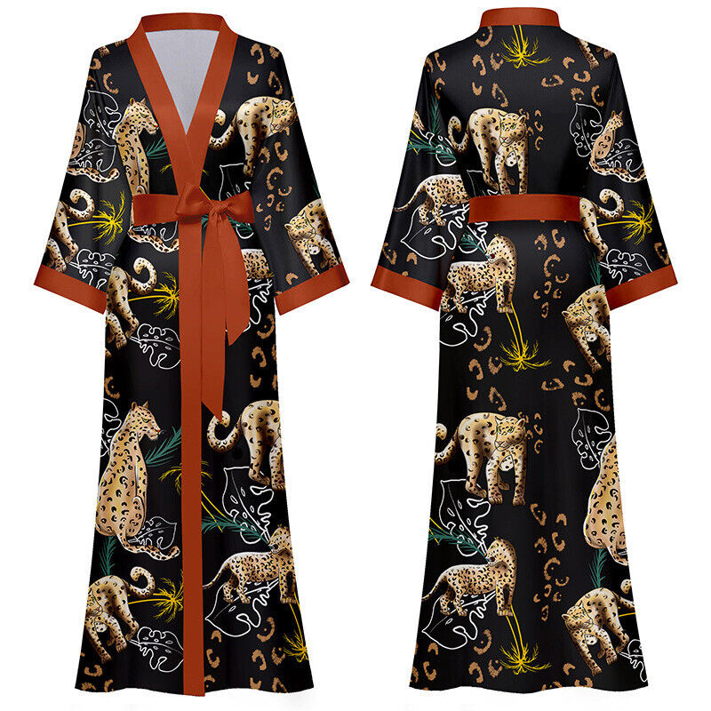 Satin Chinese Japanese Golden Leopards Black Kimono Dressing Gown ladpj393