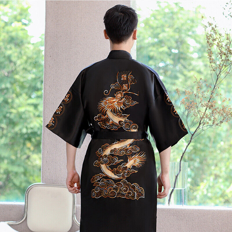 New Mens Royal Black Satin Chinese Dragons Bathrobe Gown mrobe22