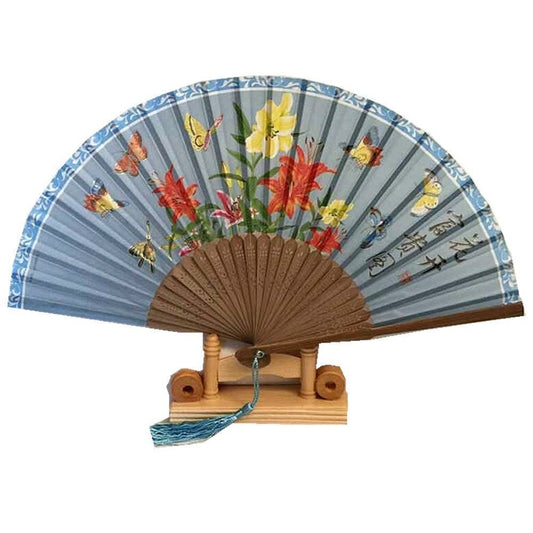 New Chinese Japanese Oriental Sky Blue with Orchids Wood Hand Fan ccfan13