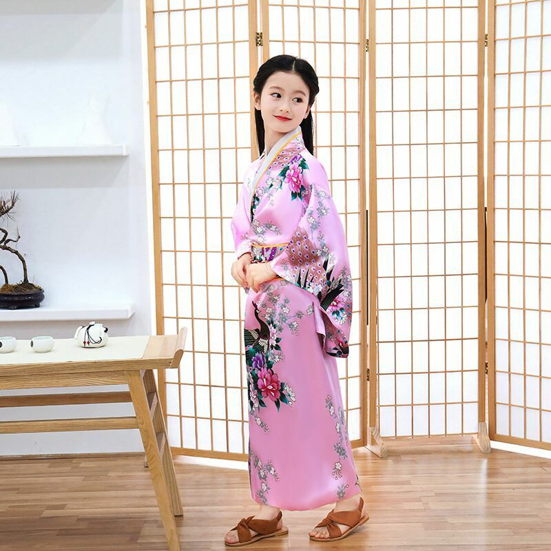 New Japanese Childrens Girls Pink with Flower Prints Long Kimono Outfit gjk5