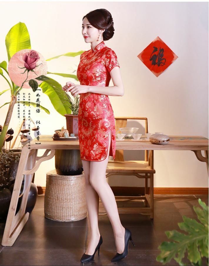 New Luxurious Red Satin Chinese Floral Short Dress Cheongsam Qipao lcdress82