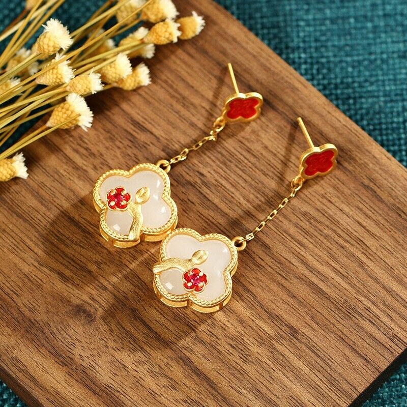 Gold Plated Chinese Royal Palace Hetian Jade Cloisonne Four Leaf Clover Earrings