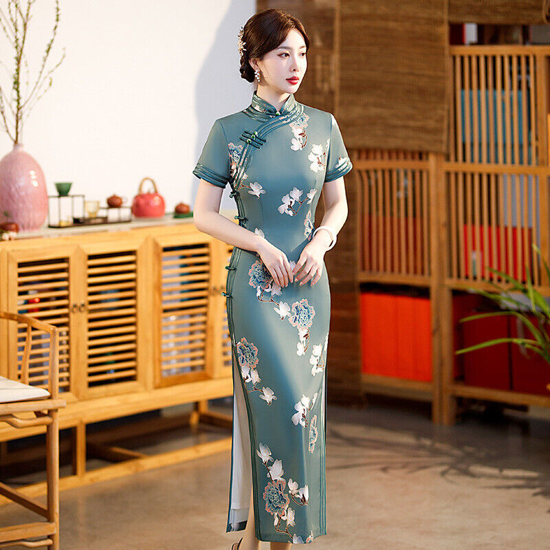 Ladies Green Silk White Floral Prints Long Chinese Style Qipao Cheongsam Dress