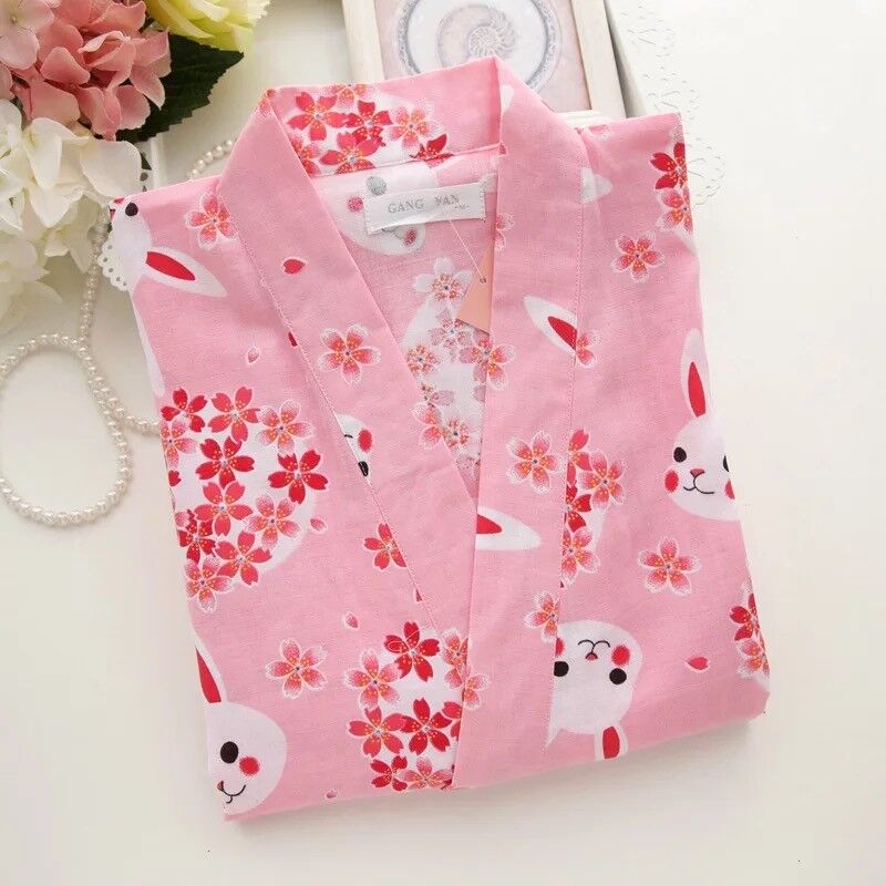 Chinese Japanese Rabbits Cherry Blossom Short Ladies Kimono Pyjamas ladpj175176