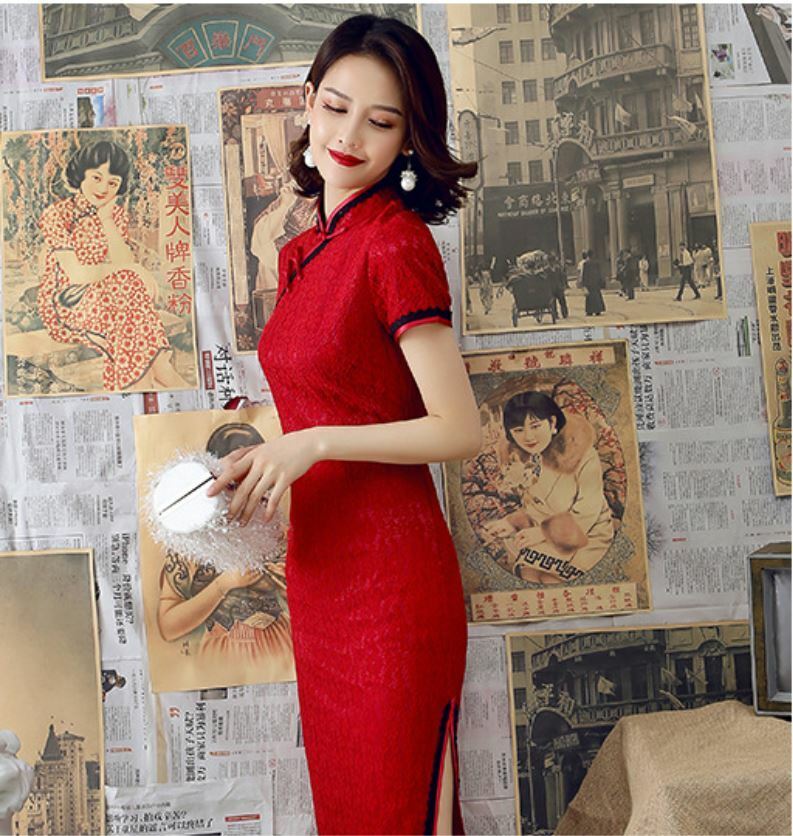 New Luxurious China Red Chinese Short Lace Dress Cheongsam Qipao lcdress84