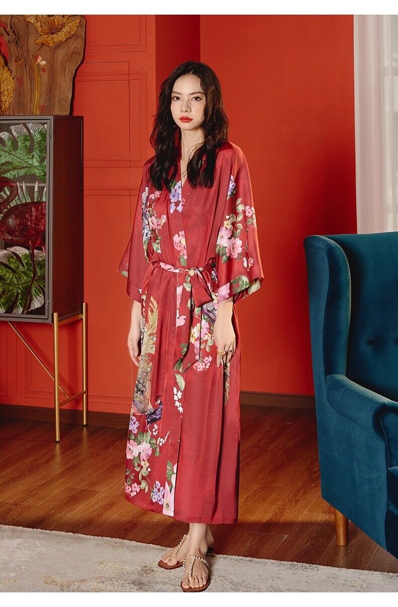 Satin Chinese Japanese Luxurious Red Peacock Prints Trim Kimono Dressing Gown