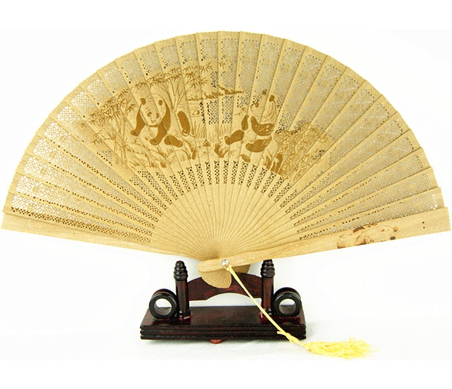 New Chinese Playful Pandas Oriental Elegant Sandalwood Hollow Hand Fan Fan93