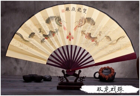 Chinese Japanese Oriental Twin Dragons Sandalwood Wooden Paper Hand Fan ccfan17